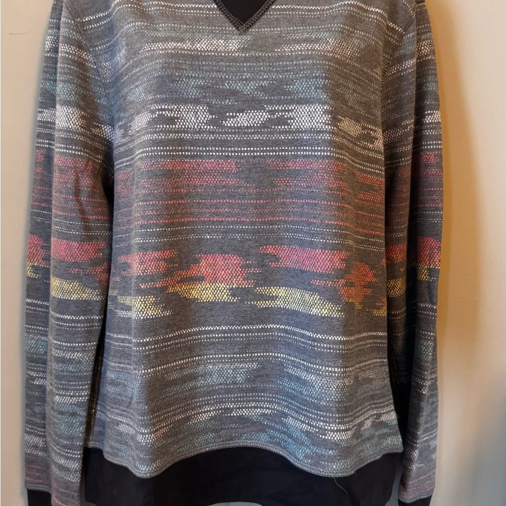 Sol Angeles Men's Grey V-Neck Sweater with Coral and Yellow Pattern